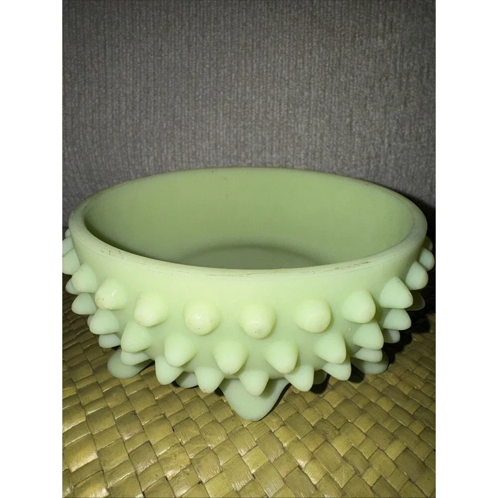 Vintage Fenton Glass Hobnail Bowl Satin Green Yellow Dish Stamped 5.5”